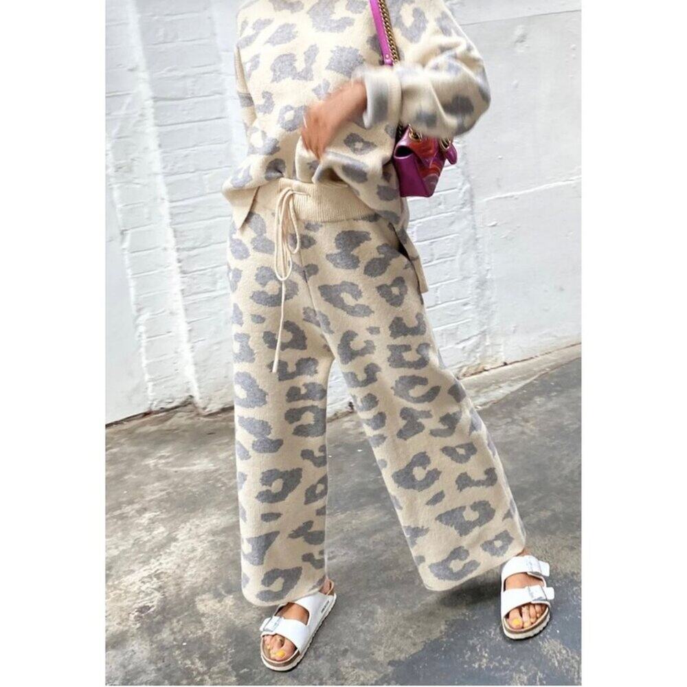 Never Fully Dressed Knit Leopard Lounge Set Neutral Beige Gray Loungewear us 4
